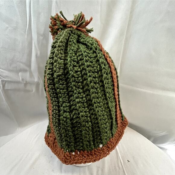 Crochet large green and brown stocking hat cap handmade nwot unisex 13" x 12" - Picture 2 of 8